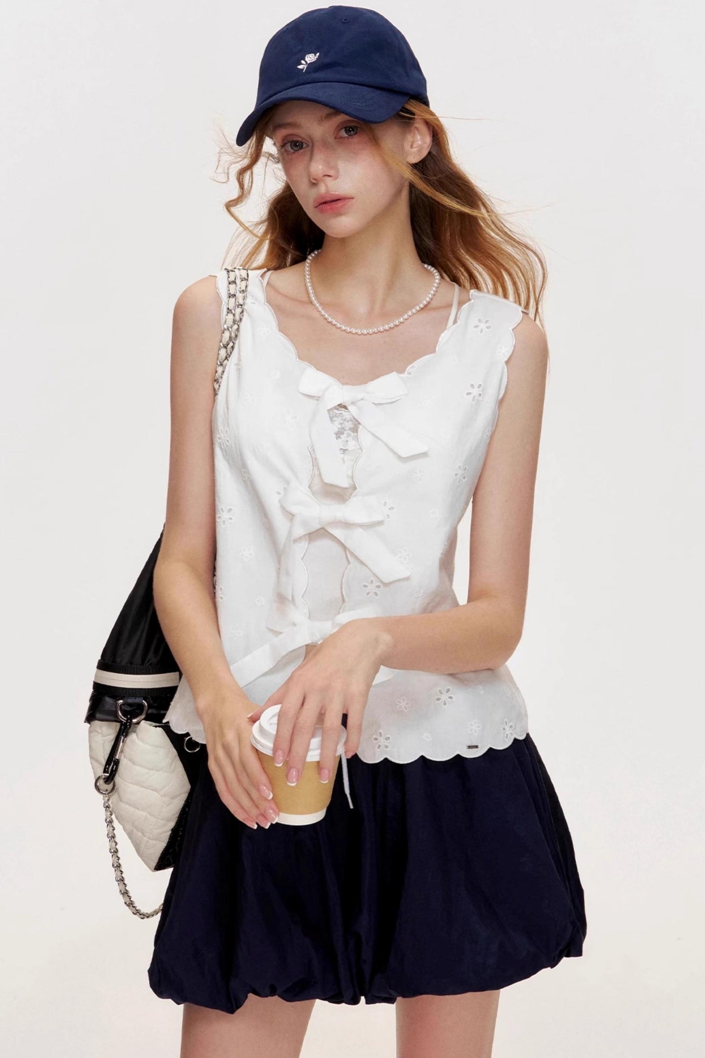 Romantic Wavy Edge Embroidery Strappy Vest Set-Up