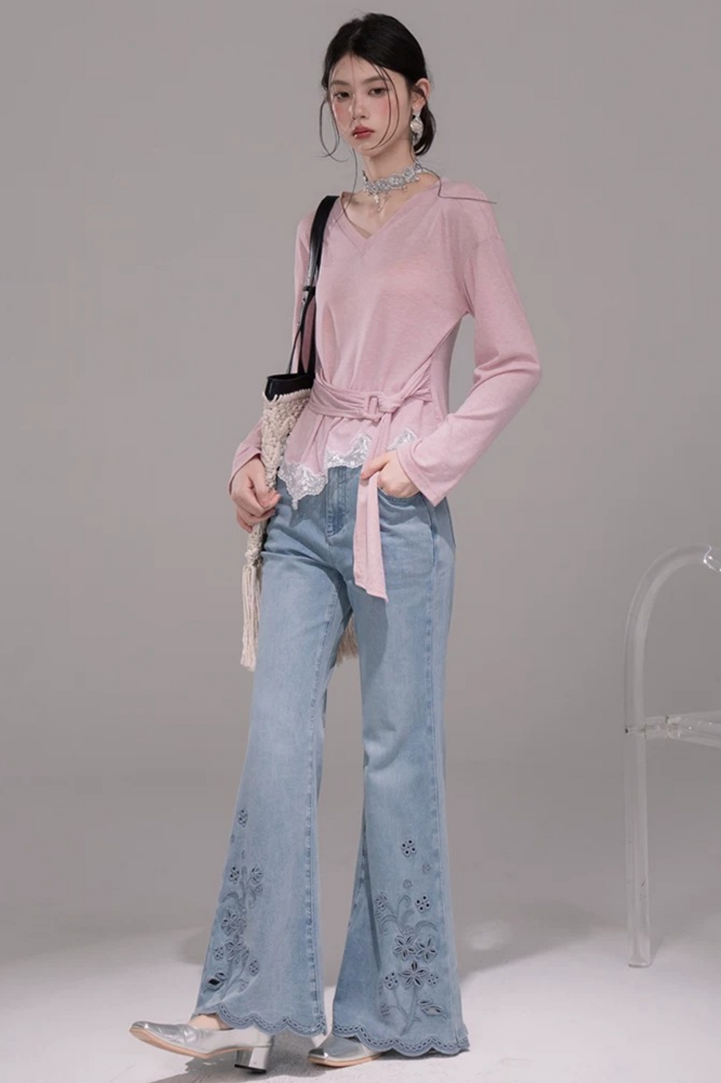 Peach Pink Lace Tie Blouse