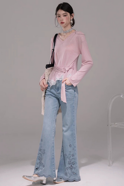 Peach Pink Lace Tie Blouse