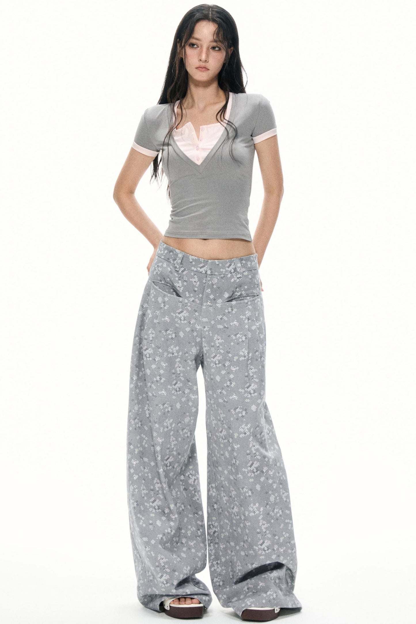 Gray Floral Wide-Leg Pants