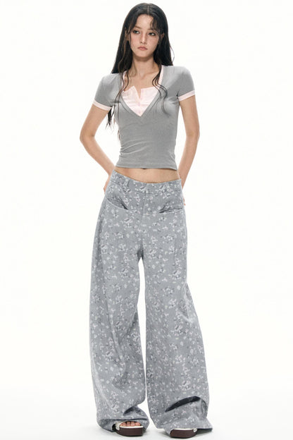Gray Floral Wide-Leg Pants