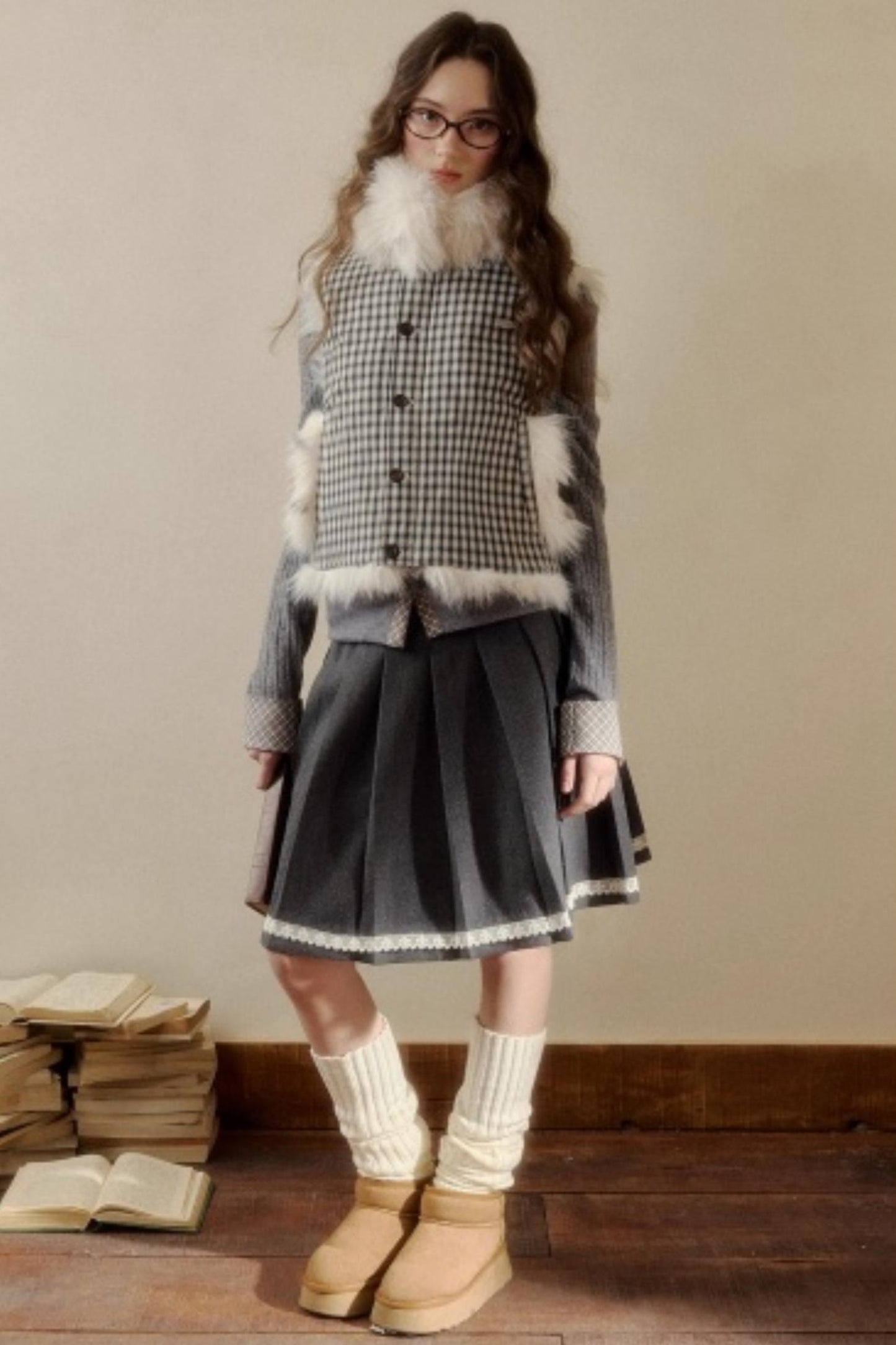 Polka Dot Plaid Fur Coat