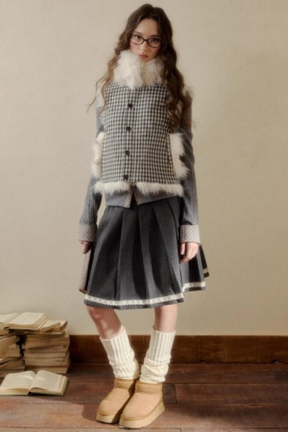 Polka Dot Plaid Fur Coat