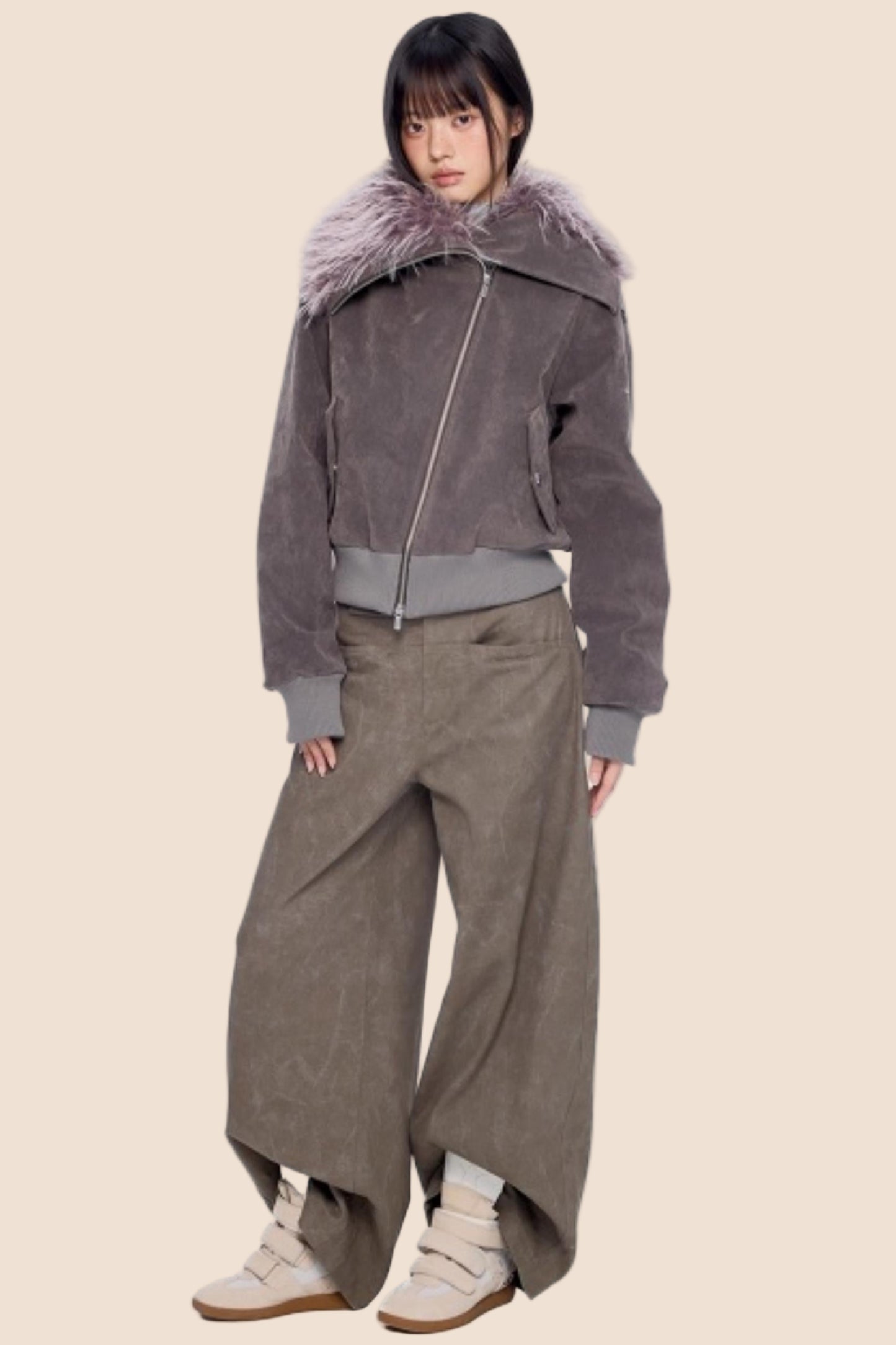 Faux Suede Fur Collar Coat