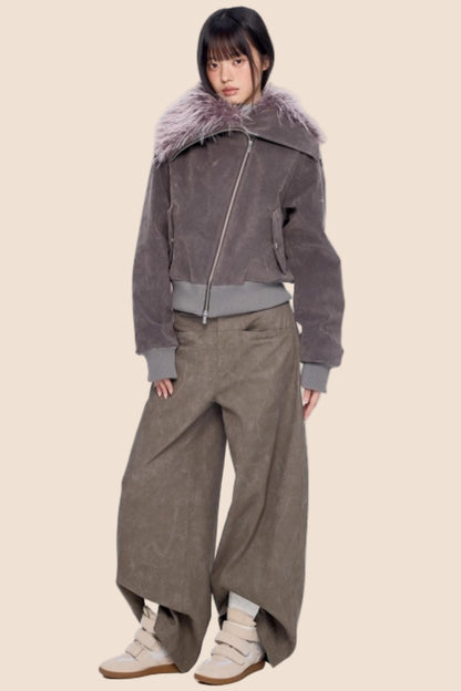 Faux Suede Fur Collar Coat