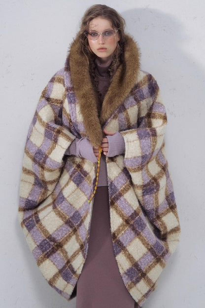 Plaid Fur Collar Woolen Coat