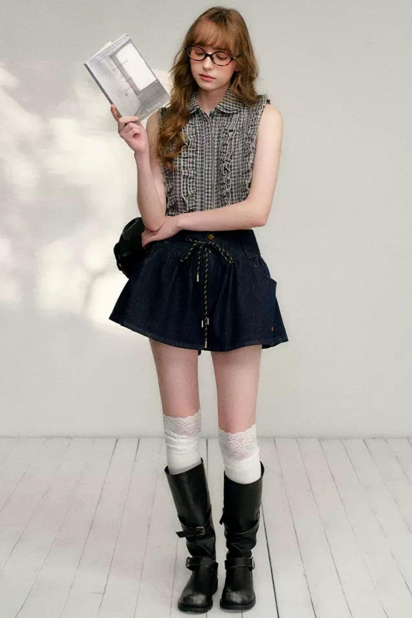 프레피 러플 칼라 셔츠 세트업