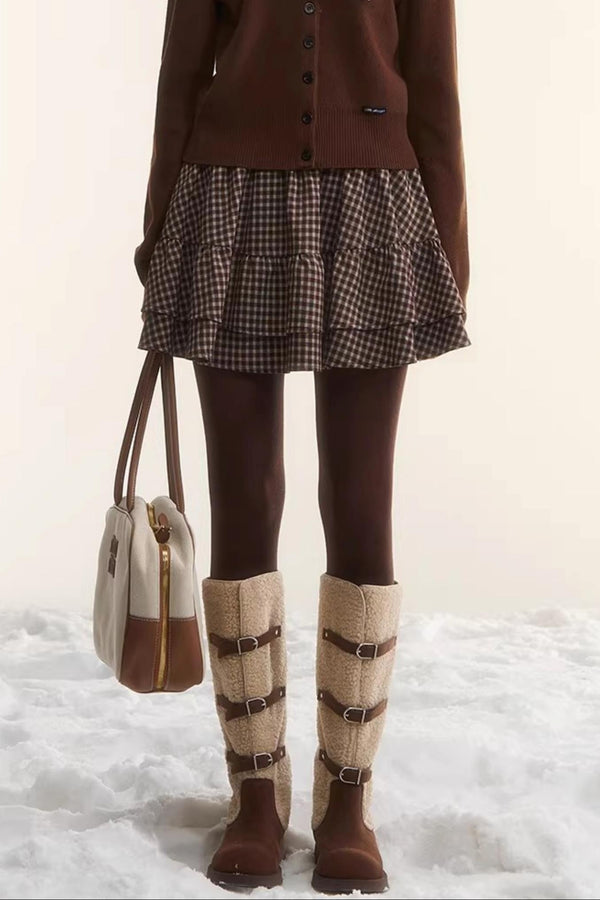 Plaid Melard Knit Top Skirt Set-Up