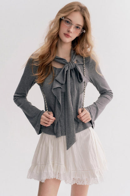 Romantic French Streamer Bow V-Neck Slim T-Shirt