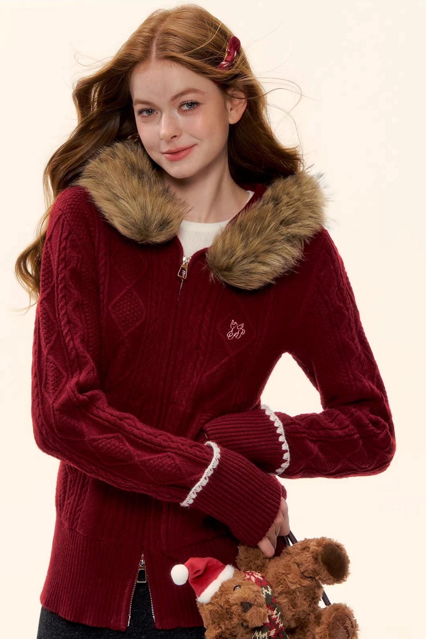 Red Hooded Knit Jacket Set-Up