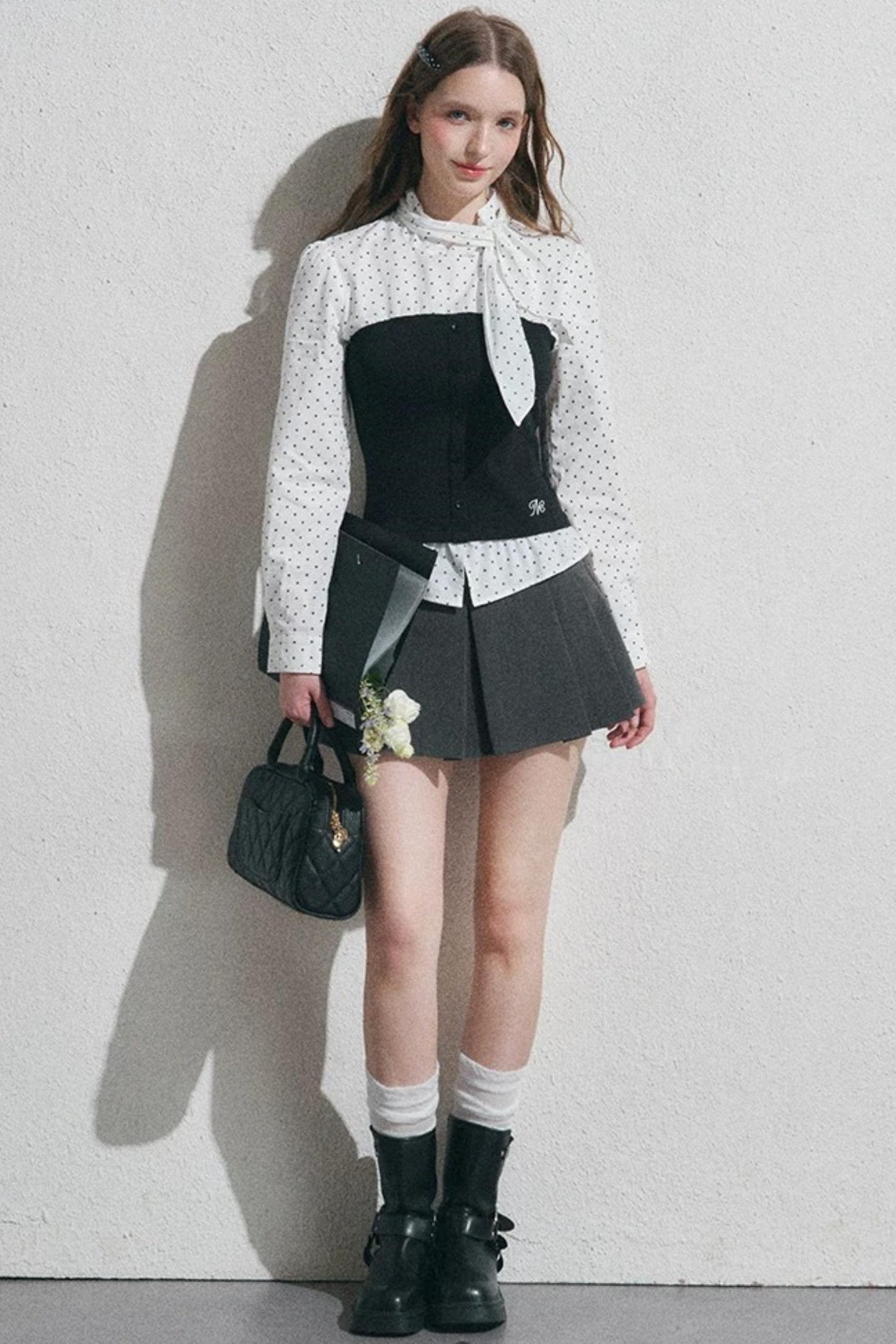 Bow Tie Spliced Shirt and Pleated Mini Skirt Set-Up