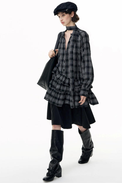 Plaid Ruffle Long Sleeve Shirt Dress
