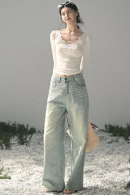 Pantalon en jean bleu clair perlé