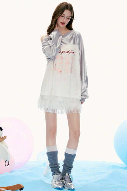 Suspender Design Long-Sleeve Lace T-Shirt