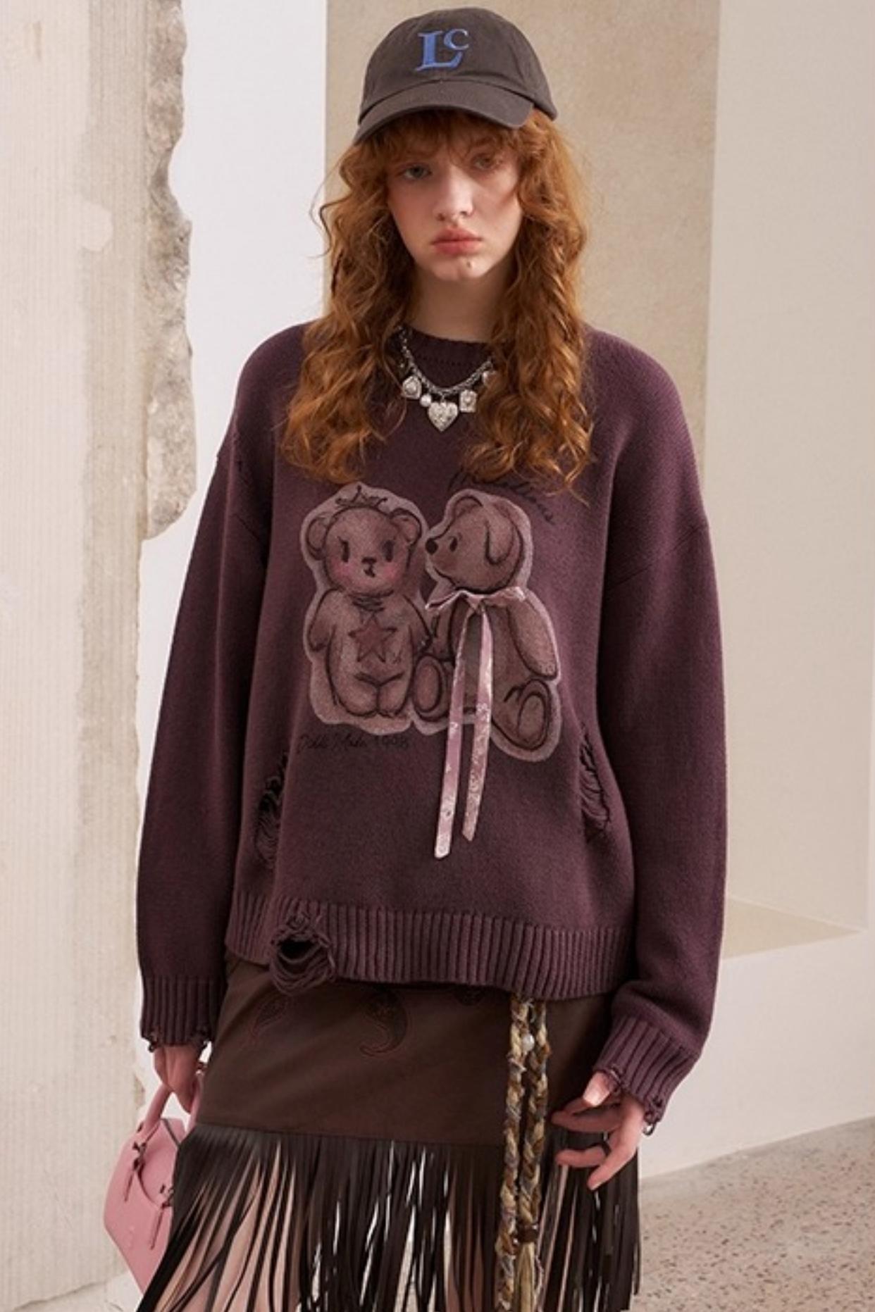 Kiss Bear Print Long Sleeve Sweater