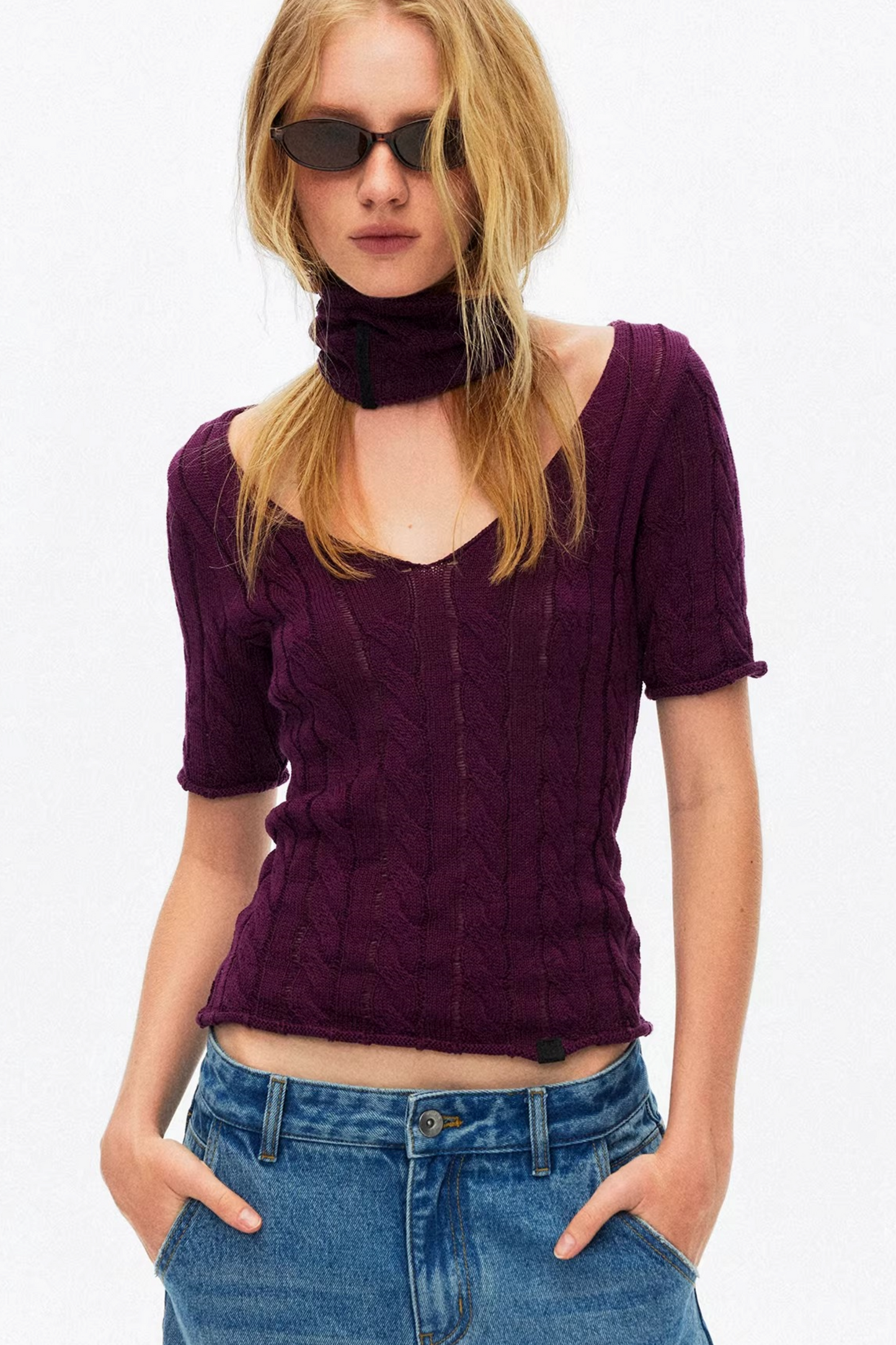 Hollow-Out Knit V-Neck Top