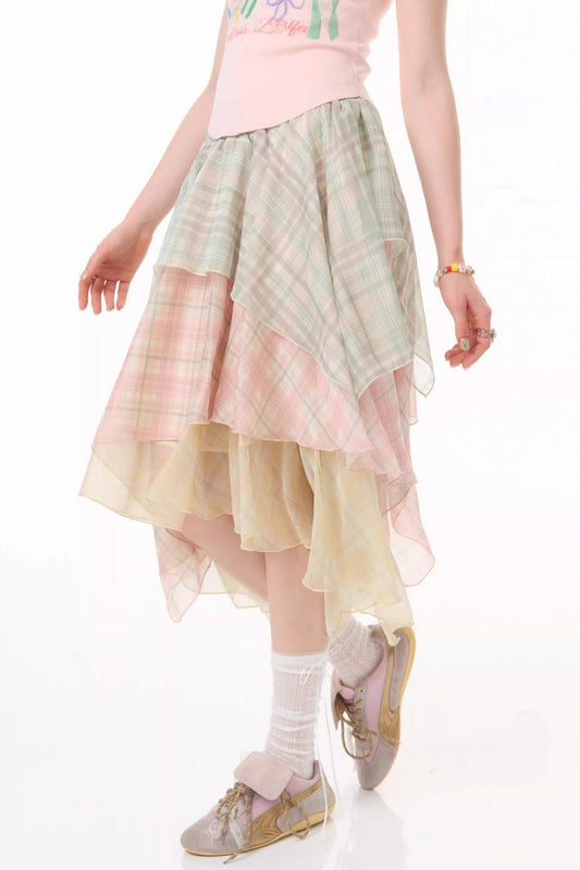 Cherry Blossom Plaid Chiffon Skirt