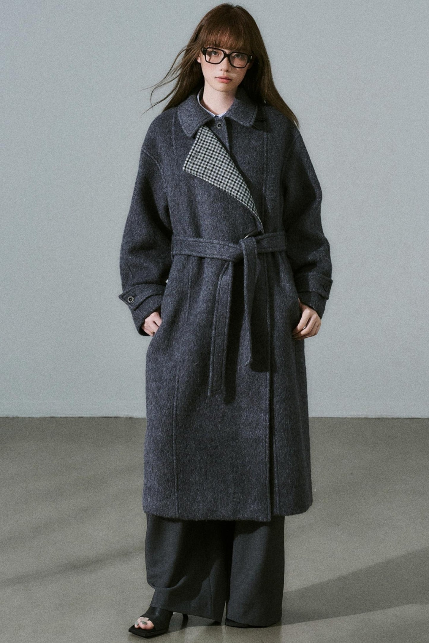 Wool Tweed Plaid Long Coat