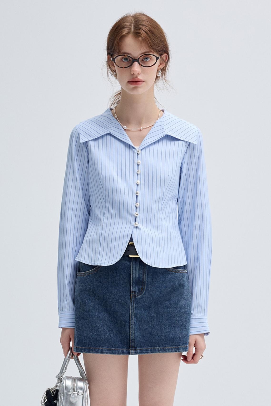 Spring Fall Blue Stripe Waist Shirt