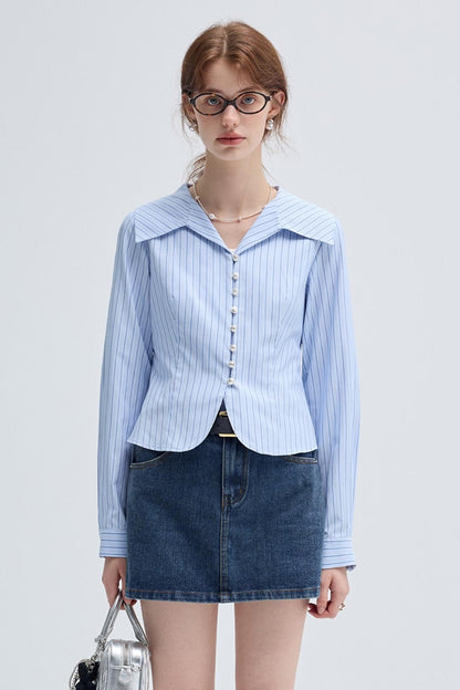 SPRING FALL BLUE STRIPE WAIST SHIRT