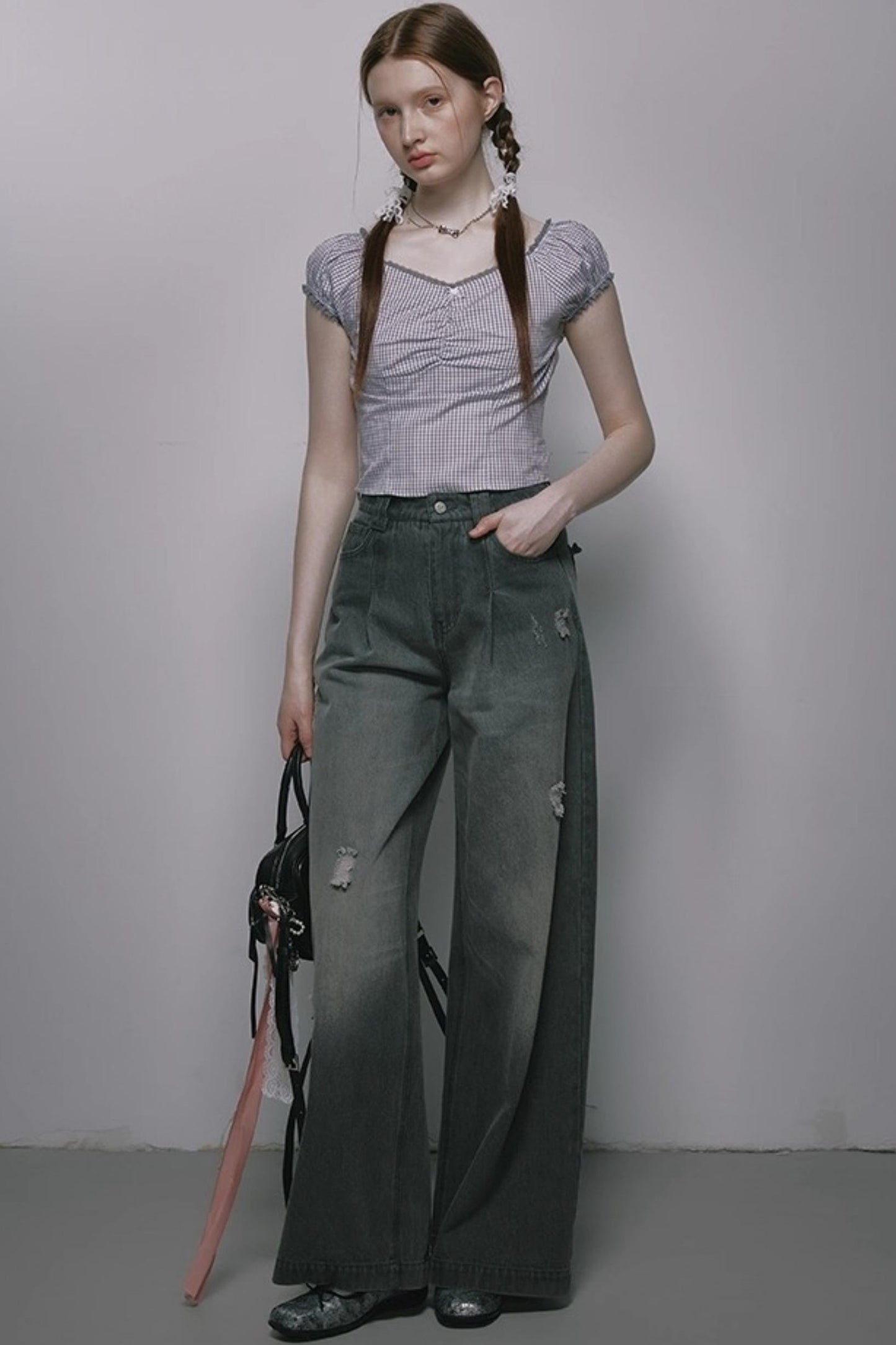 Nap Plaid Puff Sleeve Crop Top