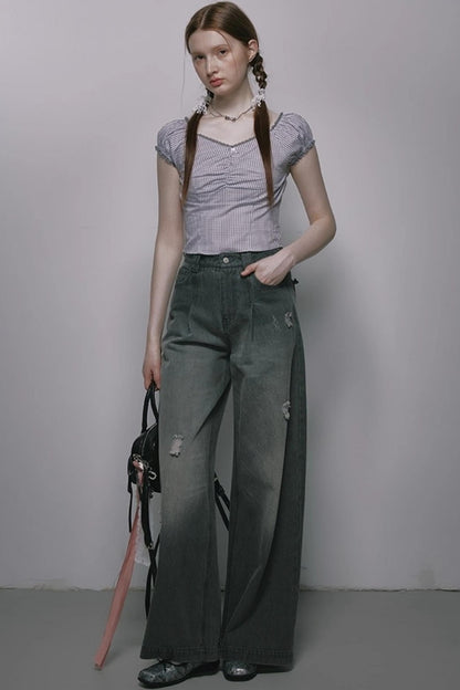 Nap Plaid Puff Sleeve Crop Top