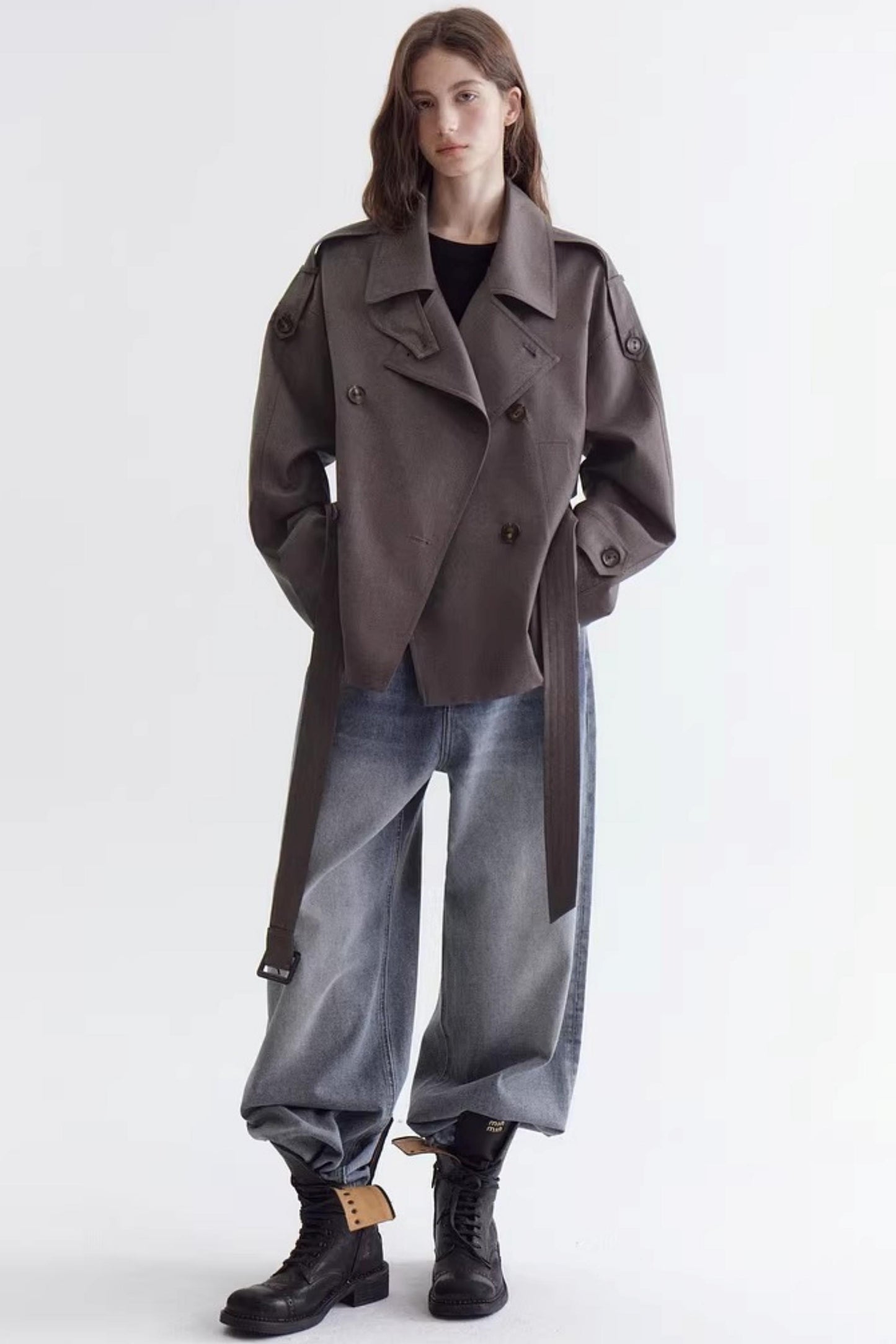 Off-Shoulder Double-Breasted Trench Coat