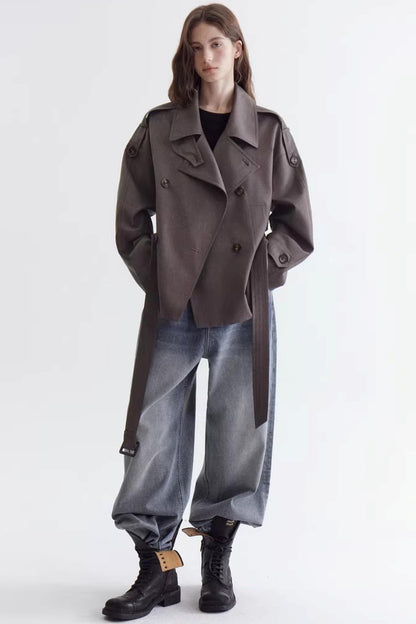 Off-Shoulder Double-Breasted Trench Coat