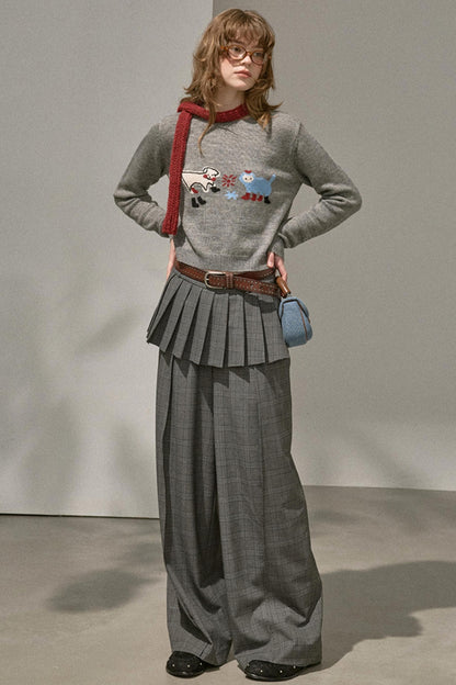 Kitten Puppy Embroidered Wool Blend Top