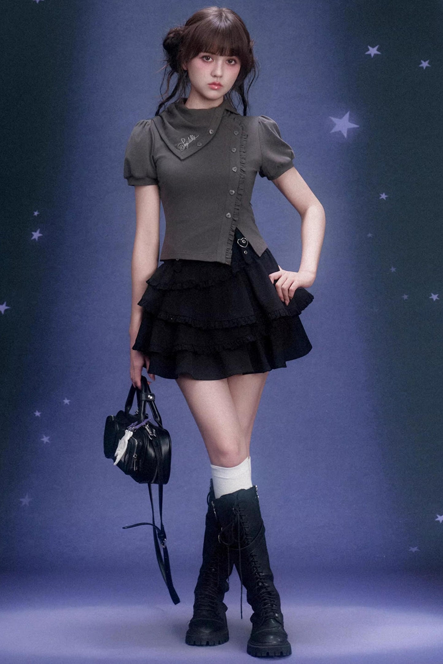 Gray Diagonal Placket T-Shirt