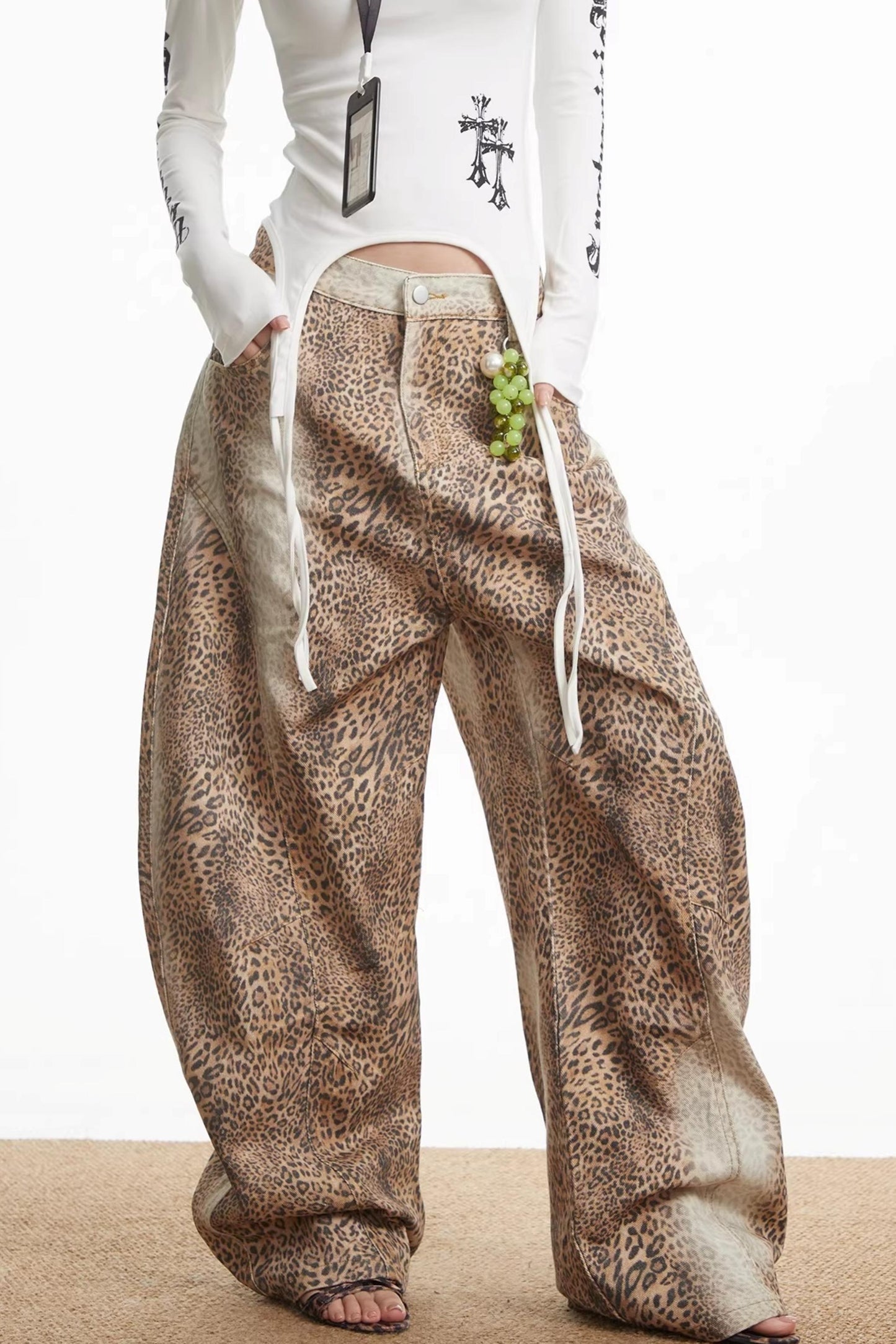 Retro Leopard Print Denim Pants
