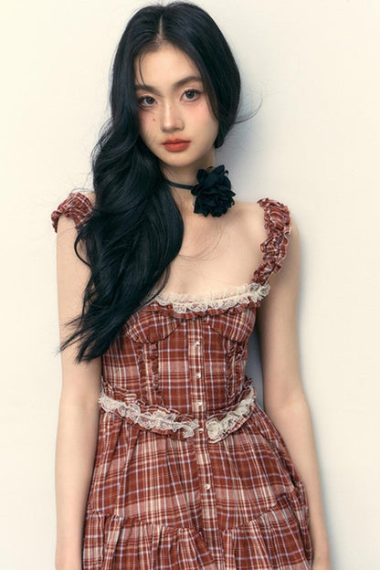 Pink Plaid Ruffle Lace Cami Dress