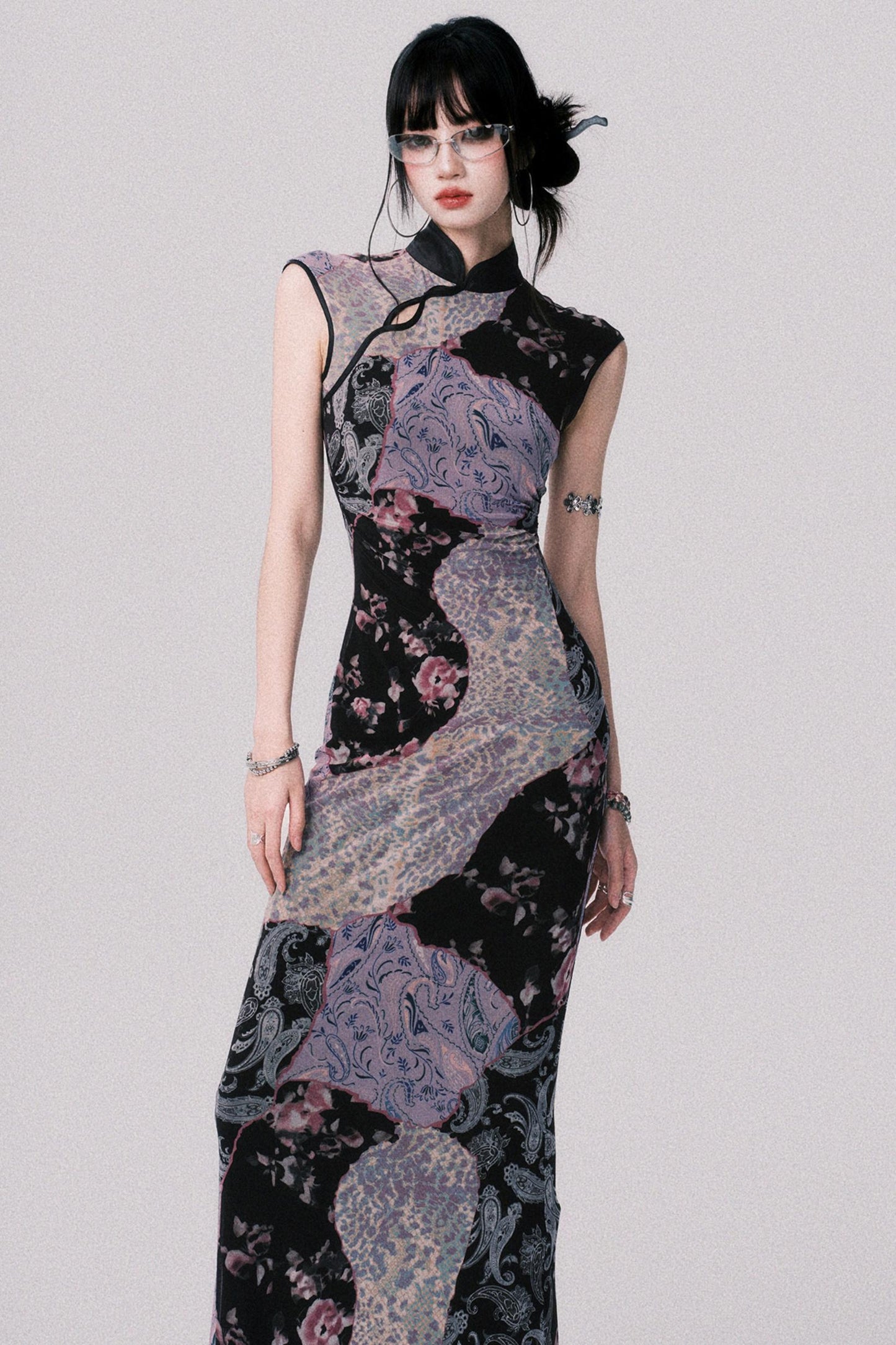 Smokey Purple Color-Block Cheongsam Dress