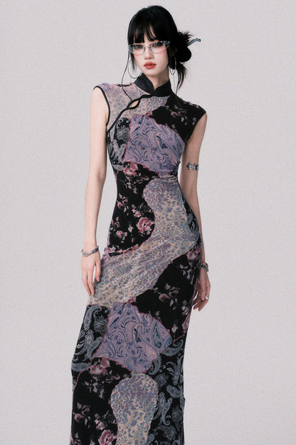 Smokey Purple Color-Block Cheongsam Dress