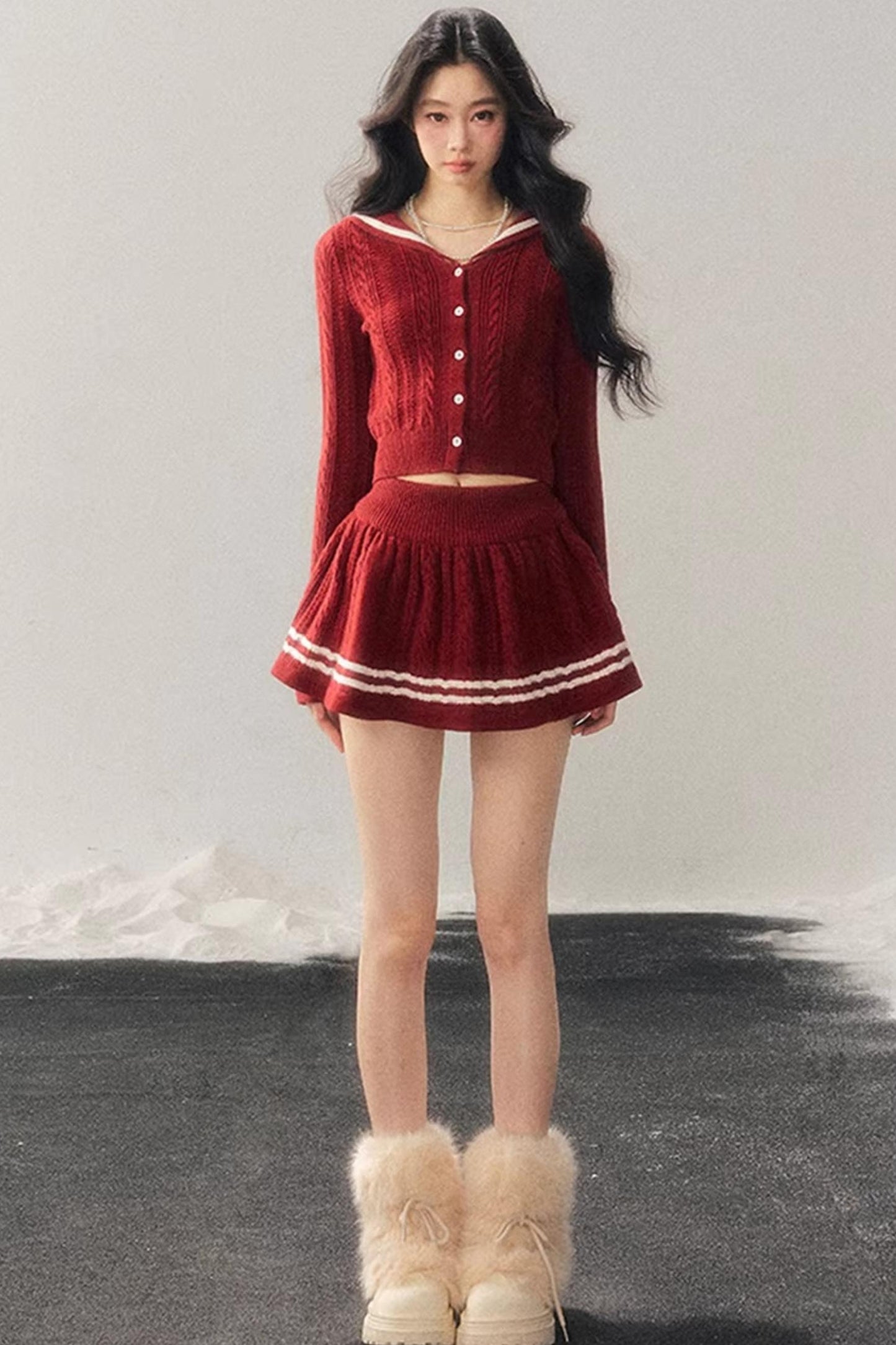 Red Evening Breeze Knitted Sweater Set-Up