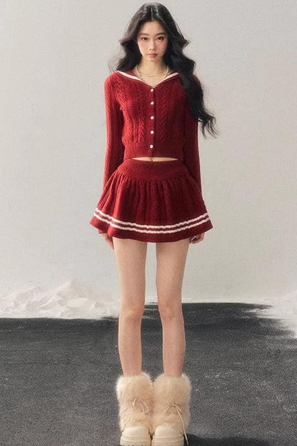 Red Evening Breeze Knitted Sweater Set-Up