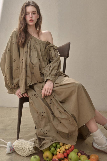 Embroidery Elegant Slanted Shoulder Skirt Set-Up