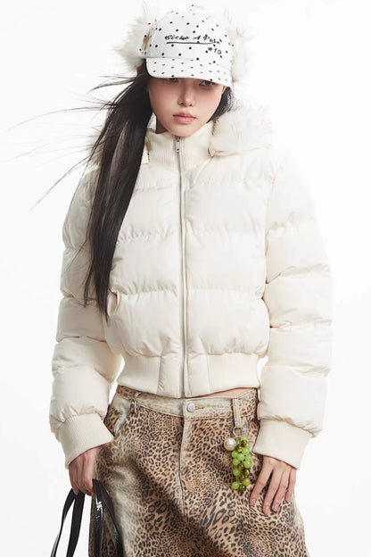 Printed Short Fur Collar Down Jacket