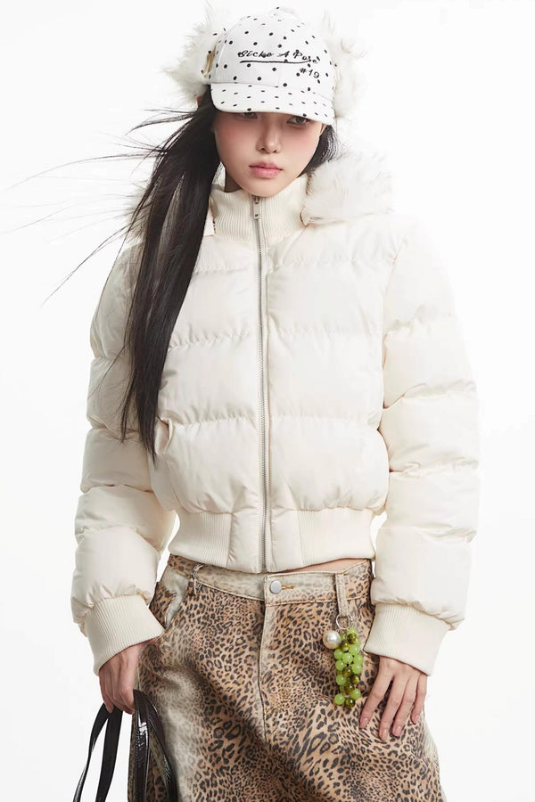 Printed Short Fur Collar Down Jacket