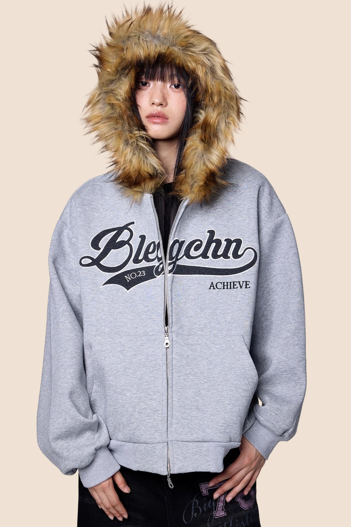 Embroidered Fur Collar Hooded Cardigan