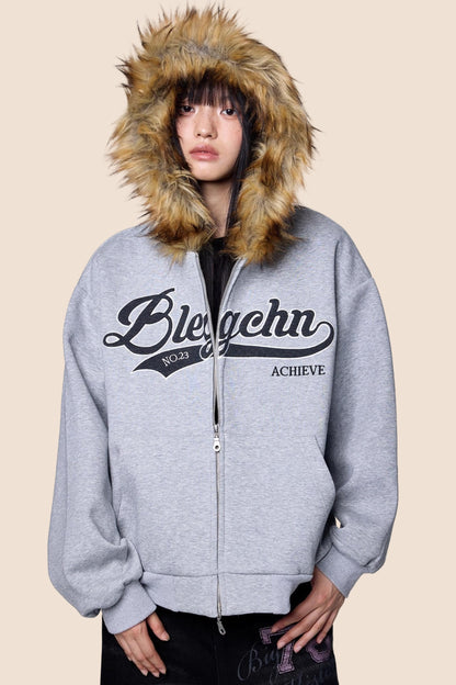 Embroidered Fur Collar Hooded Cardigan