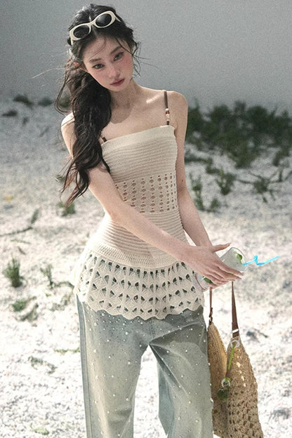 Französisches Strick-Hollow-Out-Unterhemd