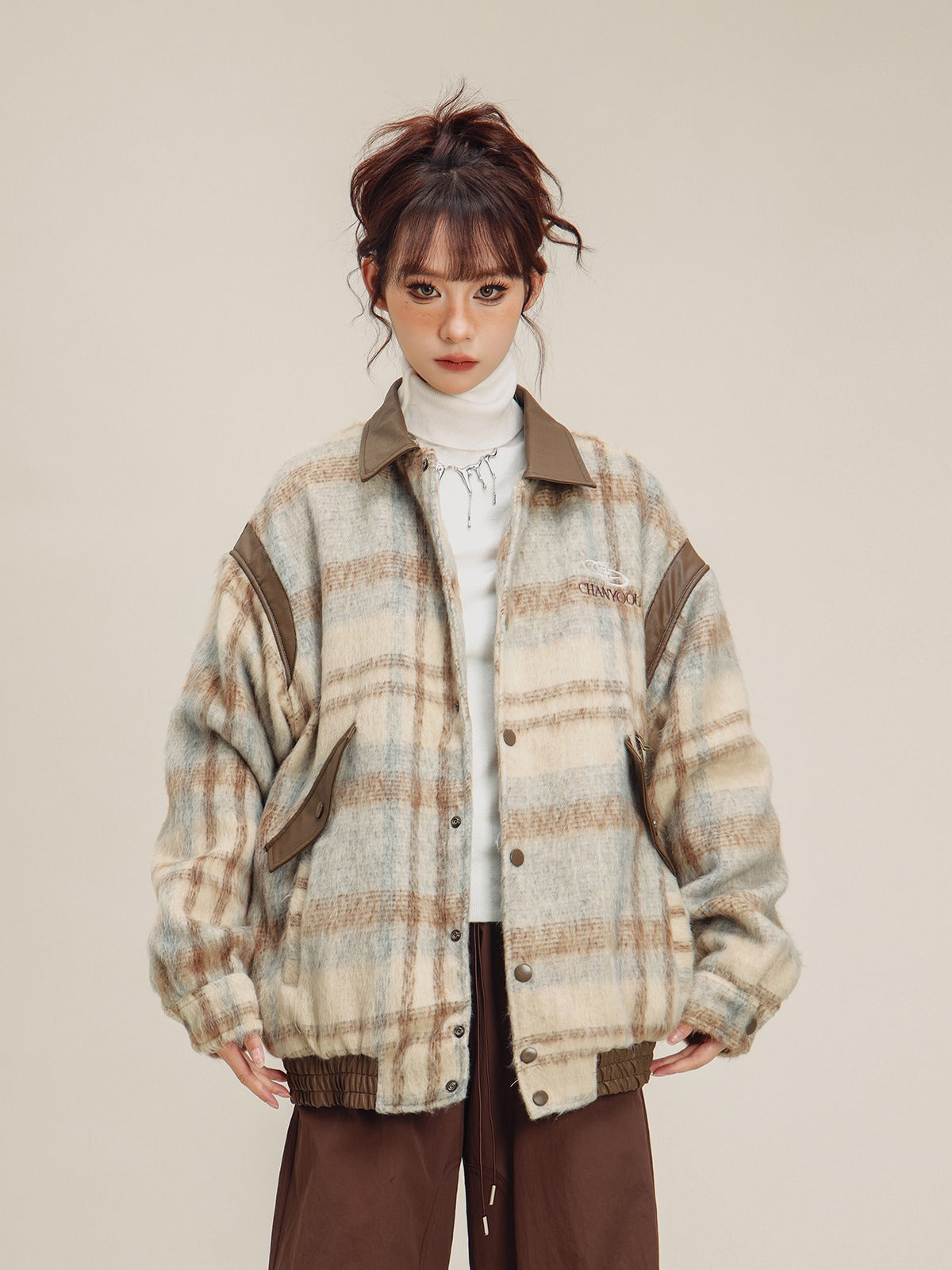 vintage tweed contrast stitching coat