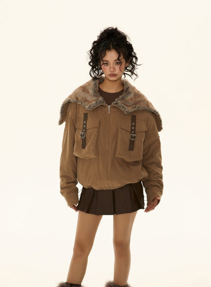 American retro stitched fur collar and cotton jacket