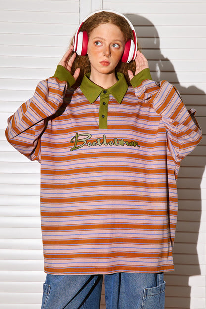 Loose Fit Striped Polo Neck Top