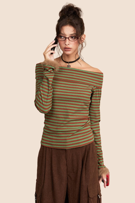 Retro Off-Shoulder Slim Long-Sleeve Top