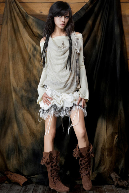 Diamond Collar One-Shoulder Long Sleeve T-Shirt