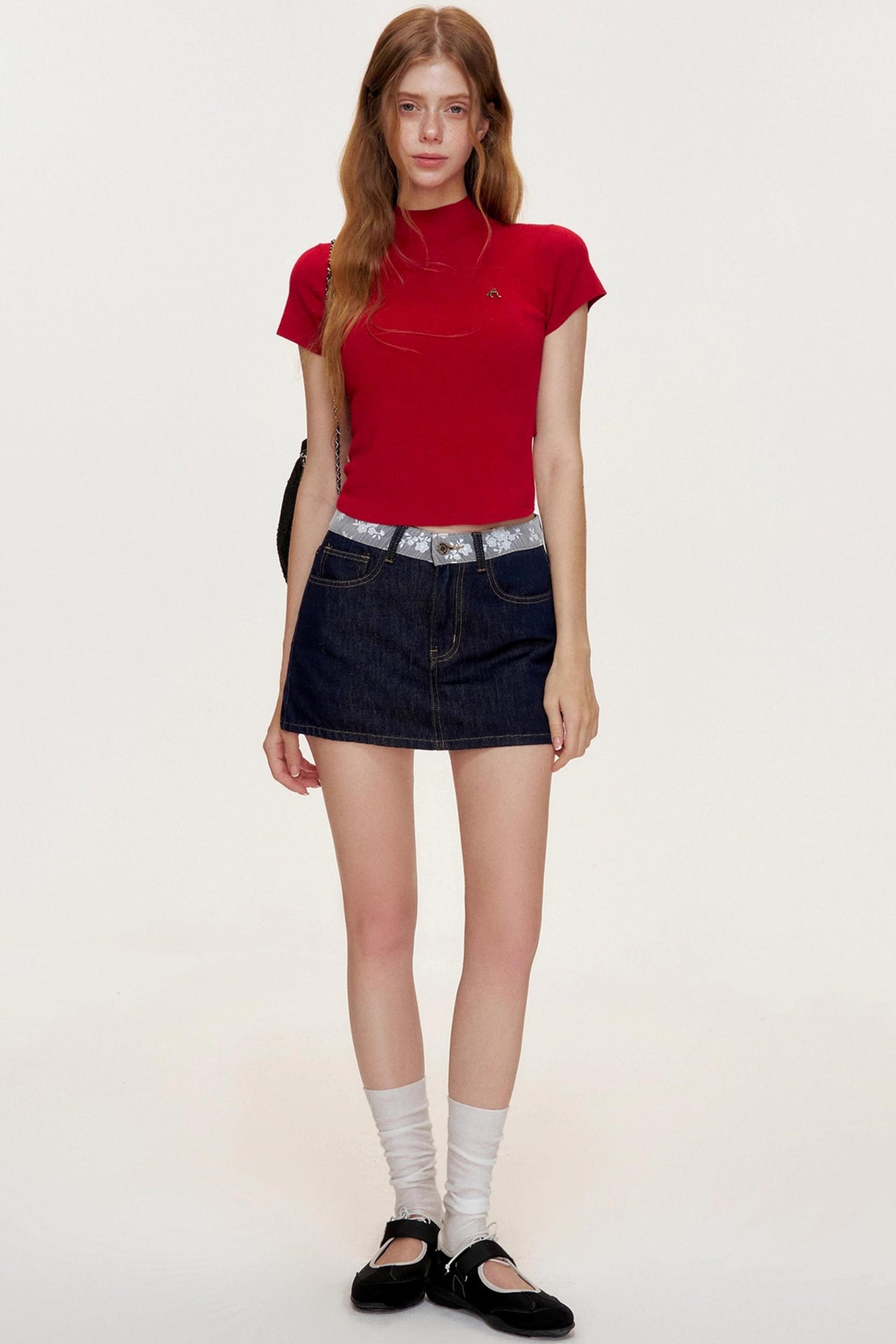 French Lace-panel A-line Denim Skirt