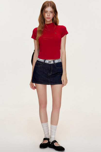 French Lace-panel A-line Denim Skirt