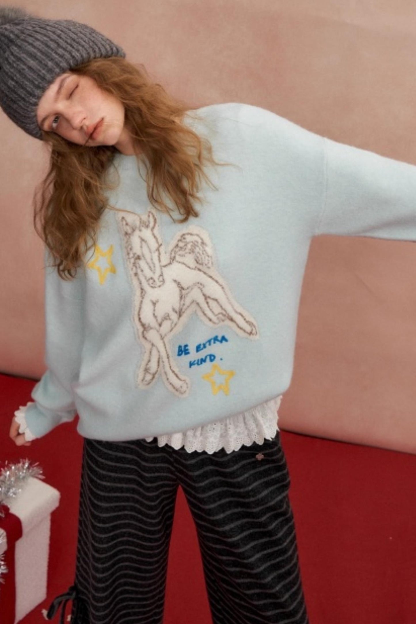Jacquard Pony Crew Neck Sweater